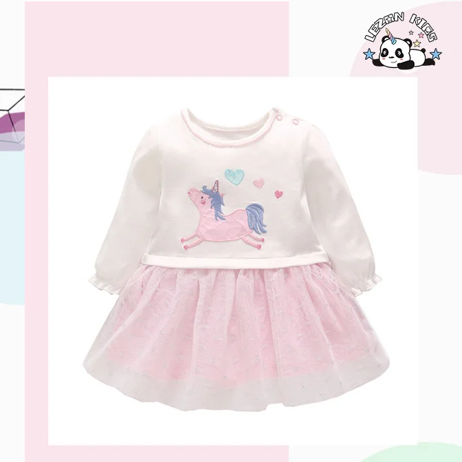 LEZONKIDS - Custom Sweet Kids Clothing Pink Double Layer Tulle Unicorn Embroidery Baby Girl Dress